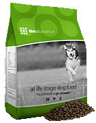 A bag of dog food with a picture of a dog in the background.